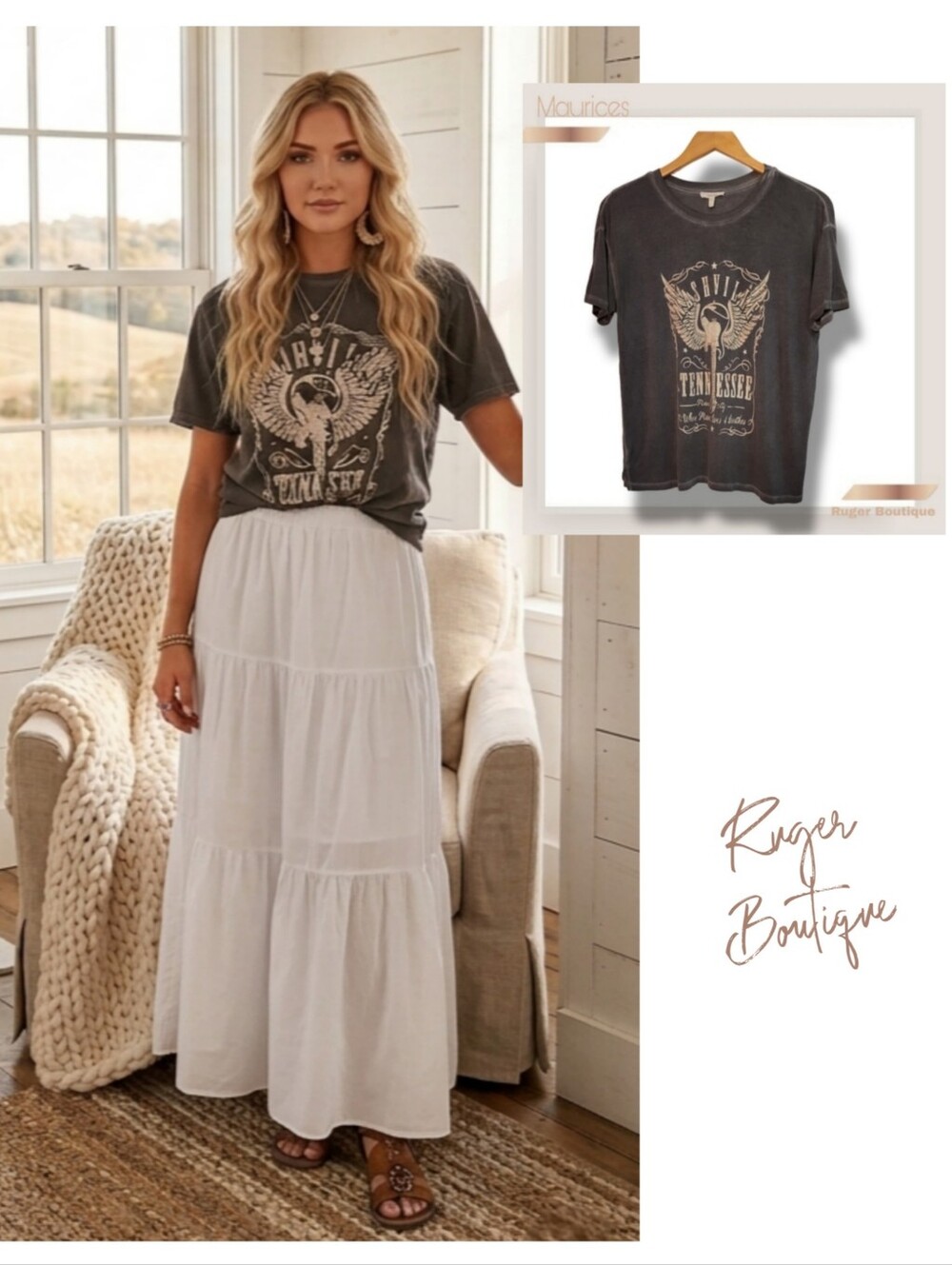 🌿Women's Small Gray Distressed Nashville Graphic Tee Vintage Style Music City